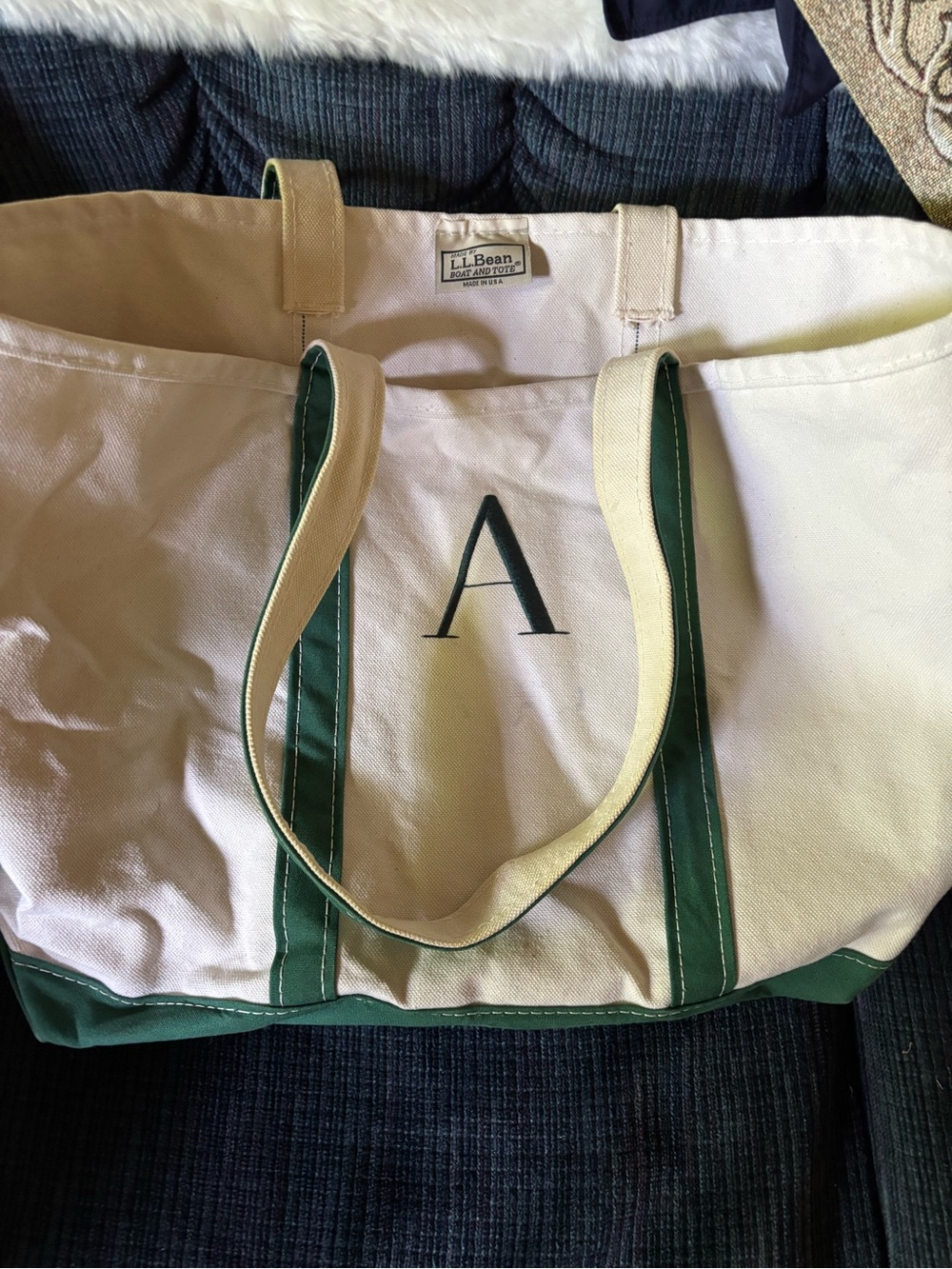 L.L. Bean Cream Canvas Tote with Green Trim and Monogram